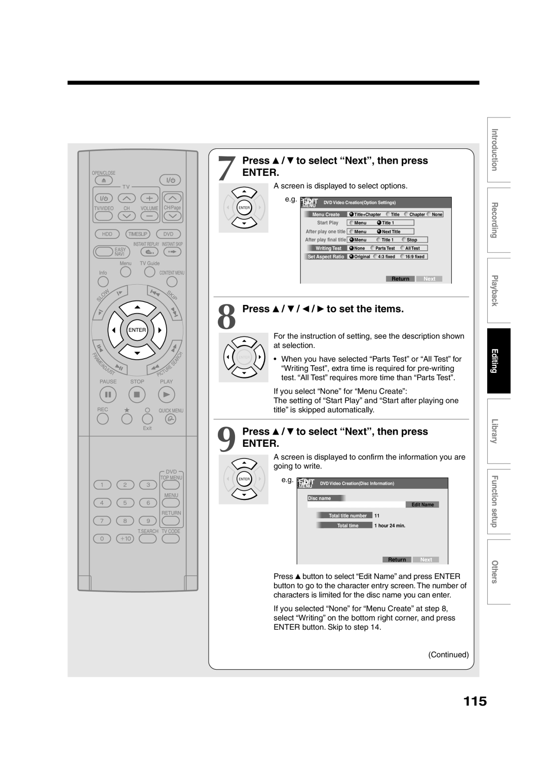 Toshiba RD-XS35SU owner manual 115, Press / to select Next, then press, Press To set the items 