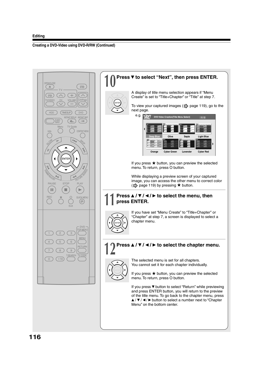 Toshiba RD-XS35SU owner manual 116, 10Press To select Next, then press Enter, Press To select the menu, then 