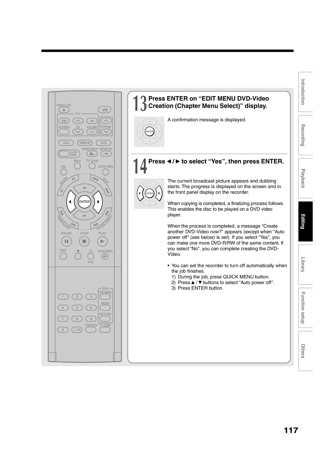 Toshiba RD-XS35SU owner manual 117, 14Press / to select Yes, then press Enter, Confirmation message is displayed 