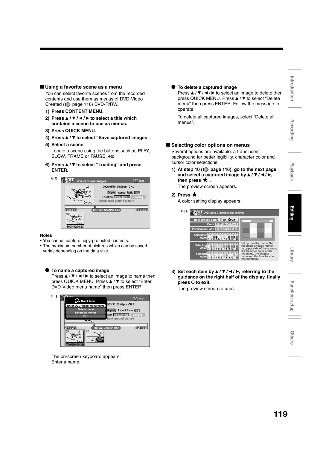 Toshiba RD-XS35SU owner manual 119, Using a favorite scene as a menu, Selecting color options on menus 