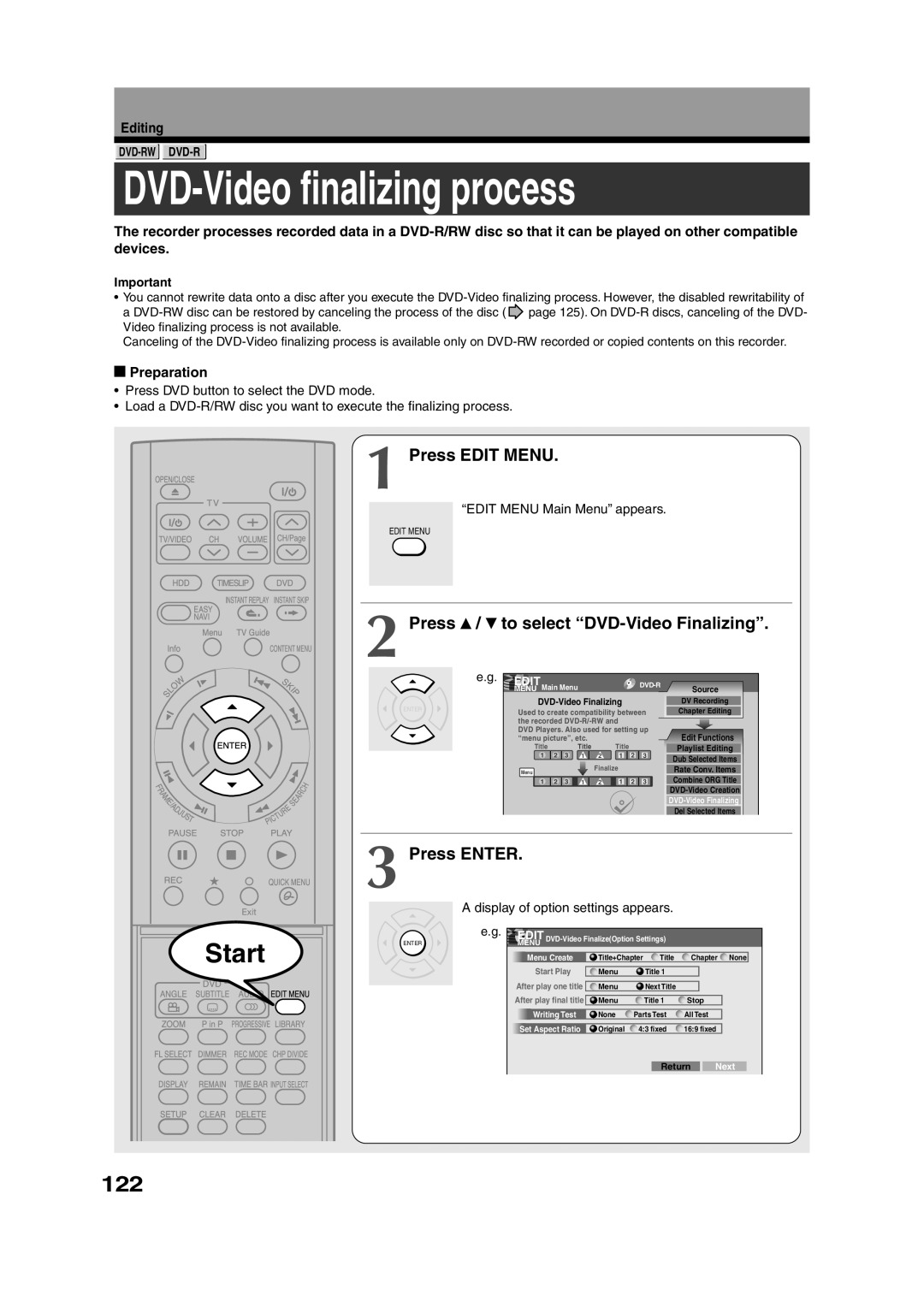 Toshiba RD-XS35SU owner manual DVD-Video finalizing process, 122, Press / to select DVD-Video Finalizing 