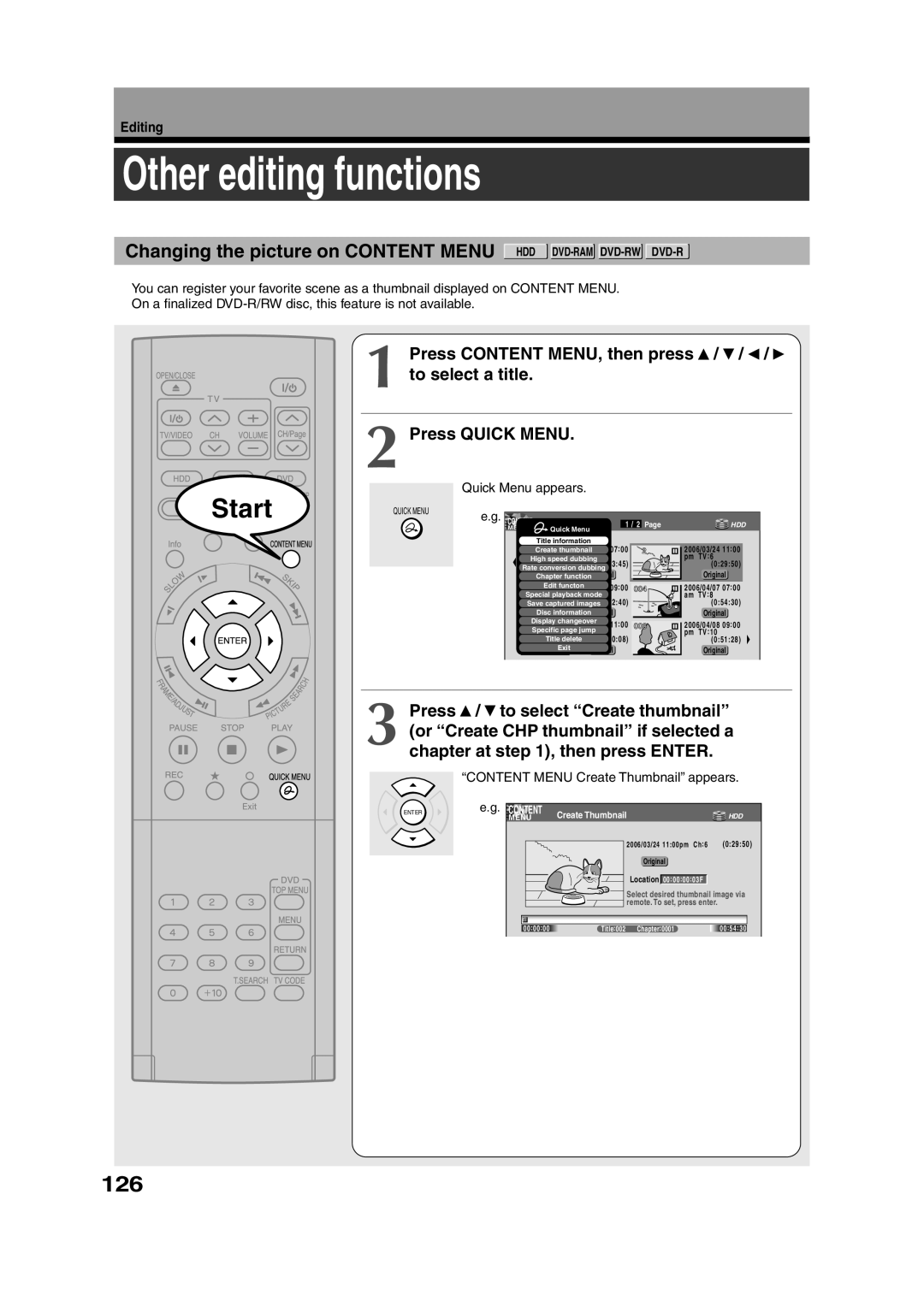 Toshiba RD-XS35SU owner manual Other editing functions, 126, Changing the picture on Content Menu HDD DVD-RAMDVD-RWDVD-R 