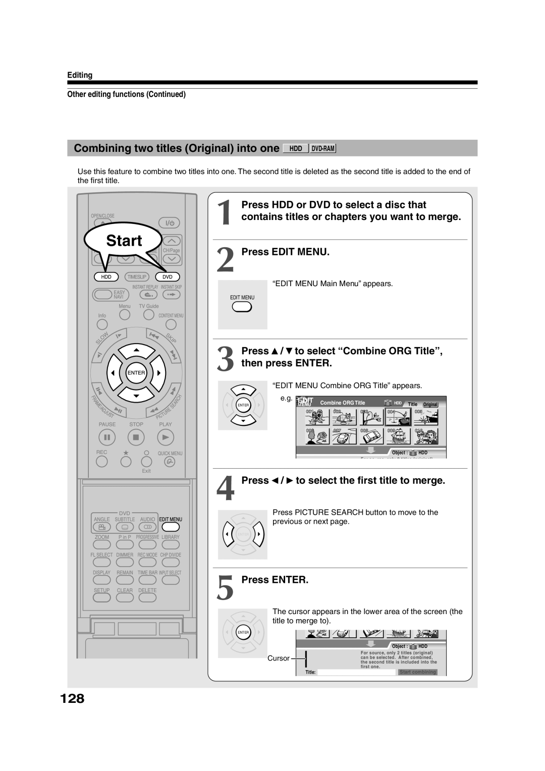 Toshiba RD-XS35SU 128, Combining two titles Original into one HDD DVD-RAM, Press / to select the first title to merge 