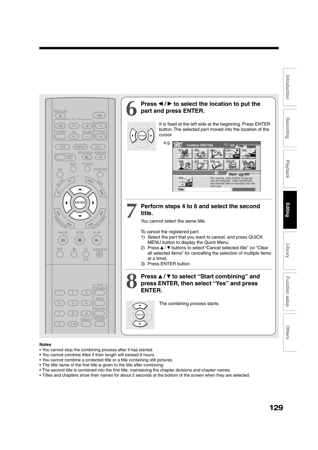 Toshiba RD-XS35SU owner manual 129, Press To select the location to put Part and press Enter, Title 