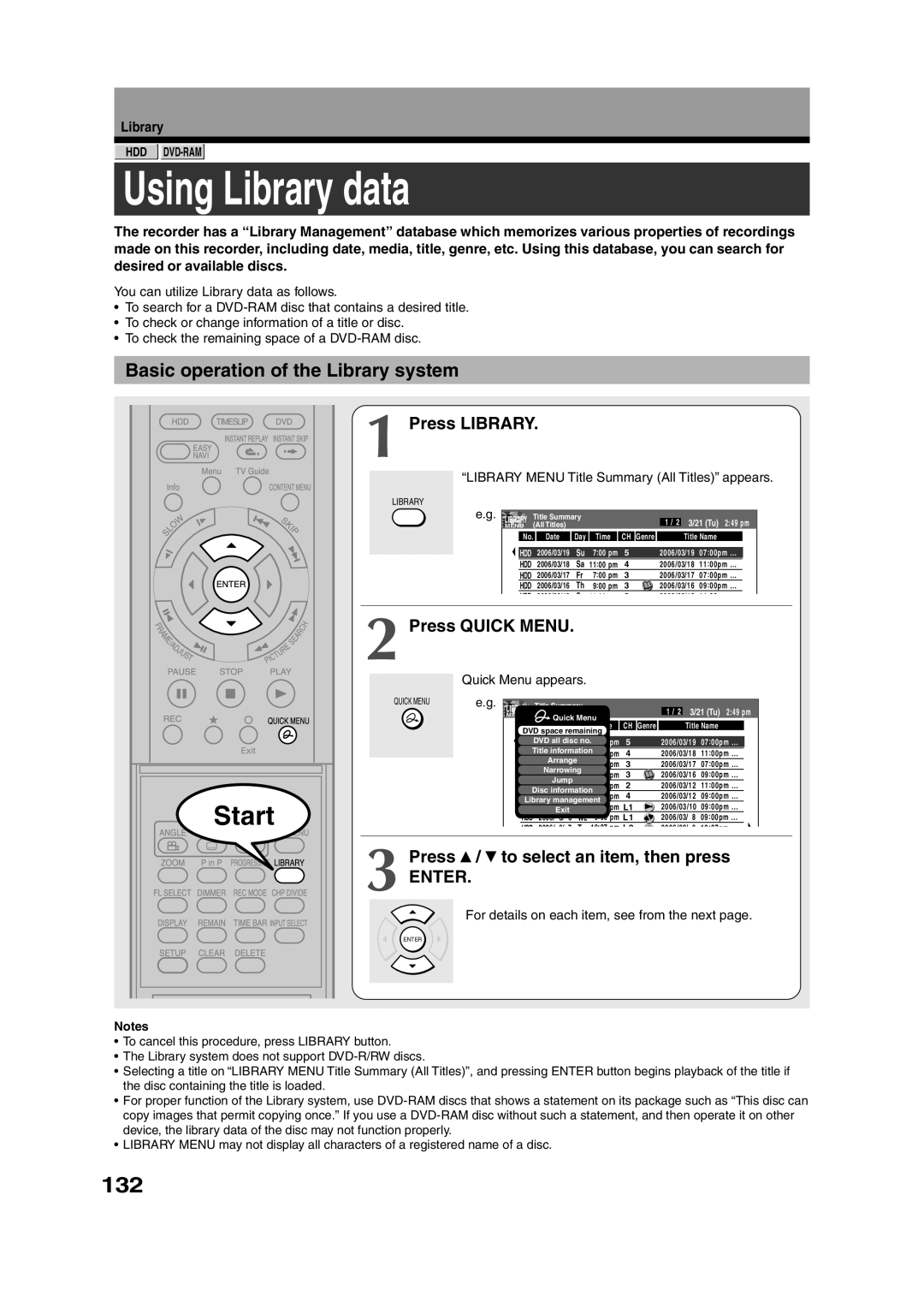 Toshiba RD-XS35SU owner manual Using Library data, 132, Basic operation of the Library system, Press Library 