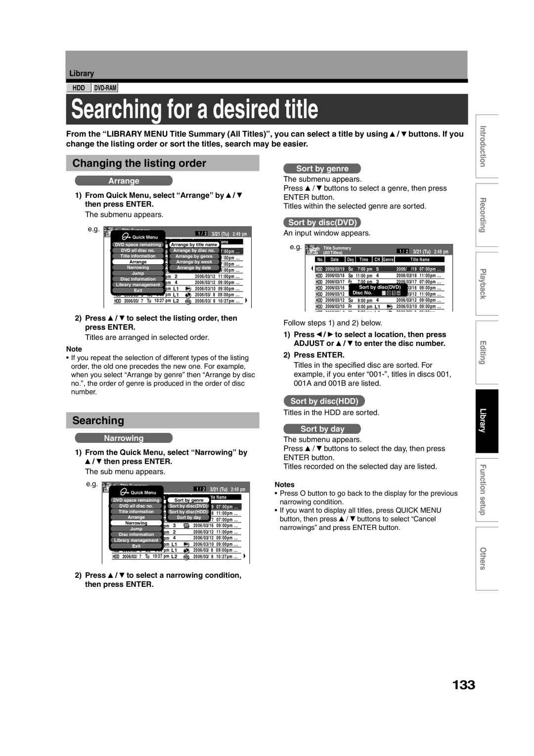 Toshiba RD-XS35SU owner manual Searching for a desired title, 133, Changing the listing order 