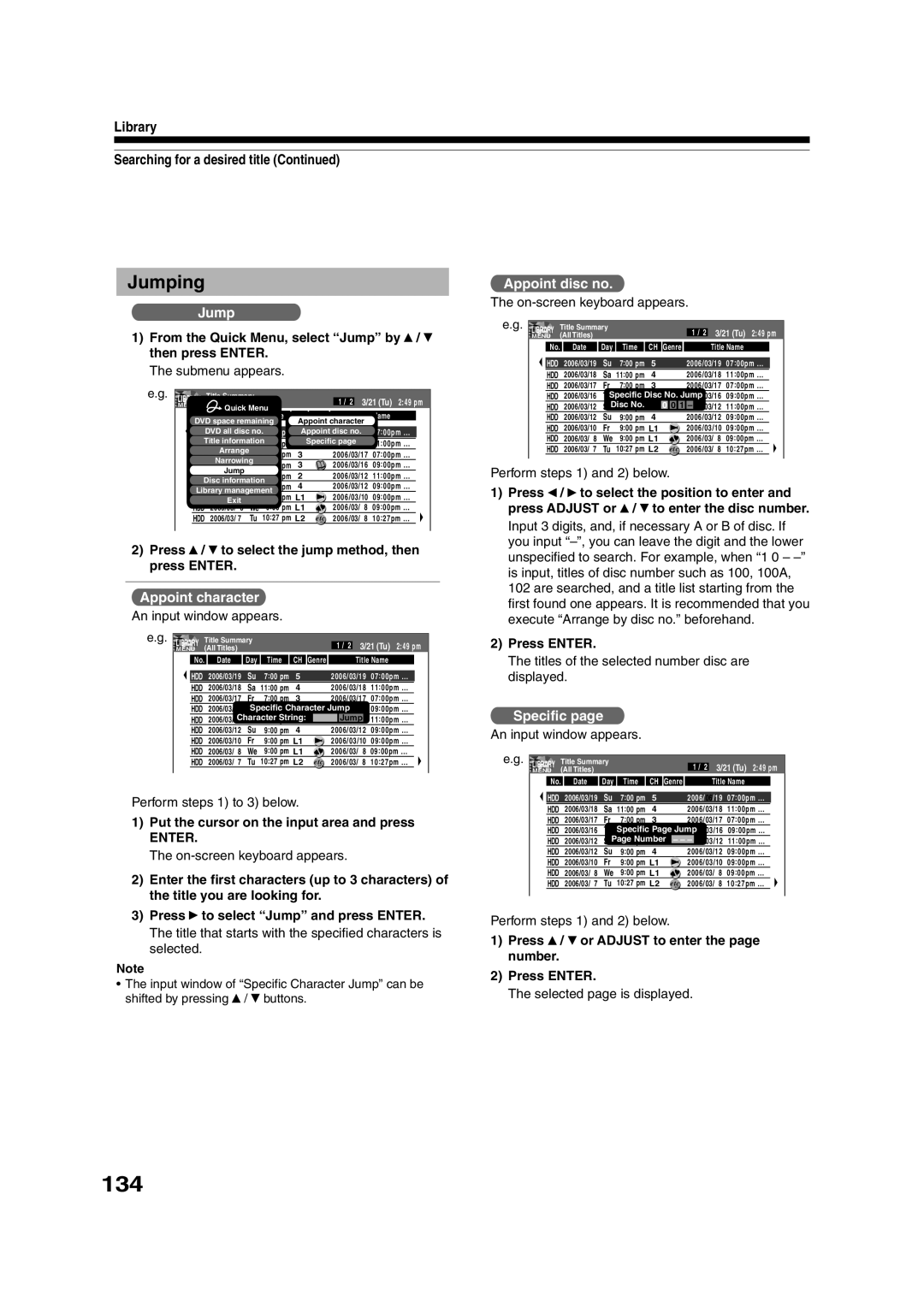 Toshiba RD-XS35SU owner manual 134, Jumping, Library Searching for a desired title 