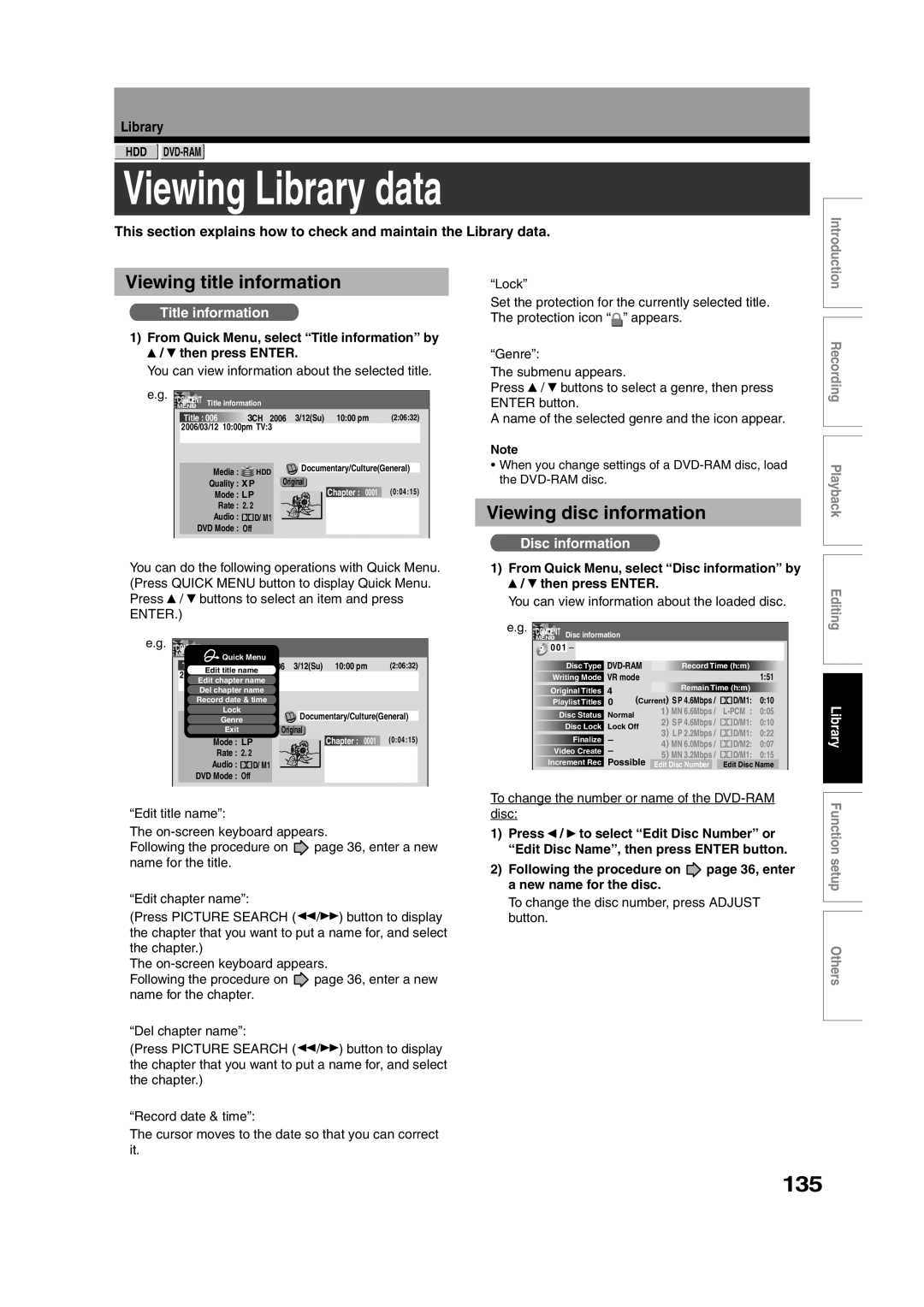 Toshiba RD-XS35SU owner manual Viewing Library data, 135, Viewing title information, Viewing disc information 