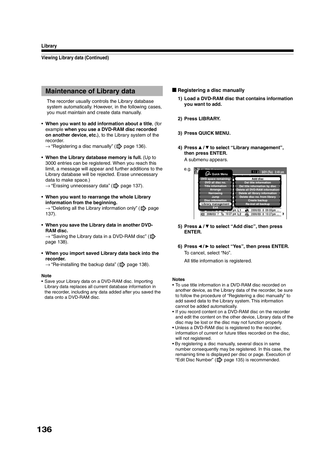 Toshiba RD-XS35SU owner manual 136, Maintenance of Library data, Library Viewing Library data, Registering a disc manually 