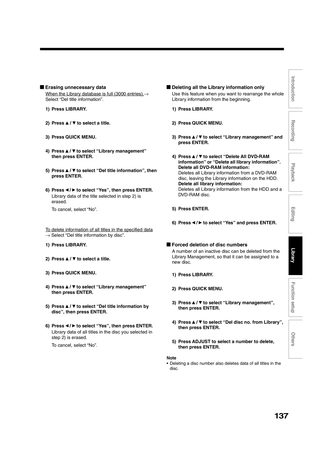 Toshiba RD-XS35SU owner manual 137, Erasing unnecessary data, Deleting all the Library information only 