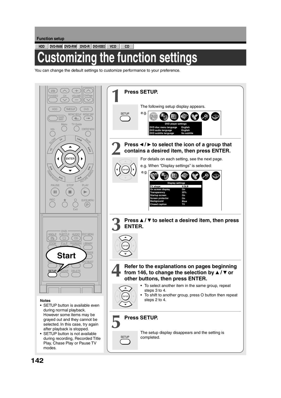 Toshiba RD-XS35SU Customizing the function settings, 142, Press / to select a desired item, then press, Function setup 