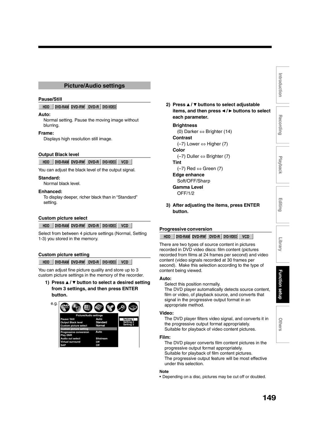 Toshiba RD-XS35SU owner manual 149, Picture/Audio settings 