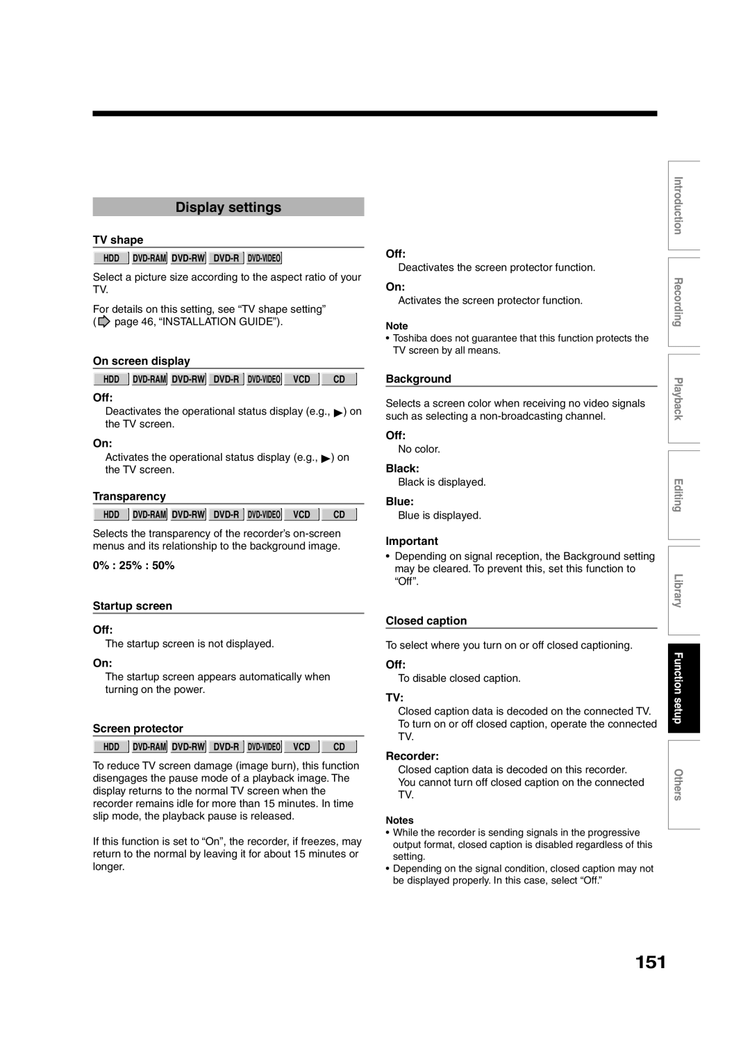 Toshiba RD-XS35SU owner manual 151, Display settings 