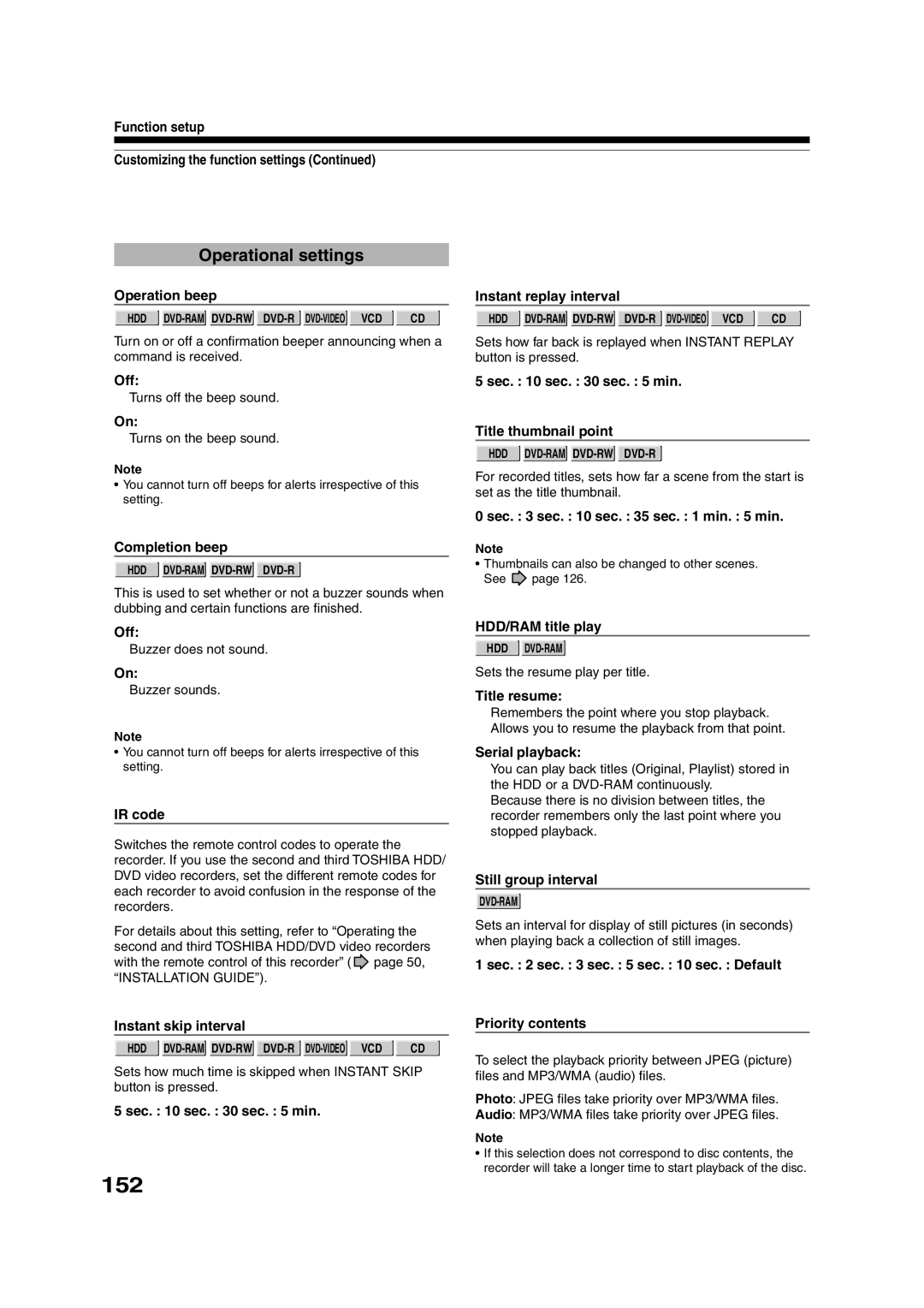 Toshiba RD-XS35SU owner manual 152, Operational settings 