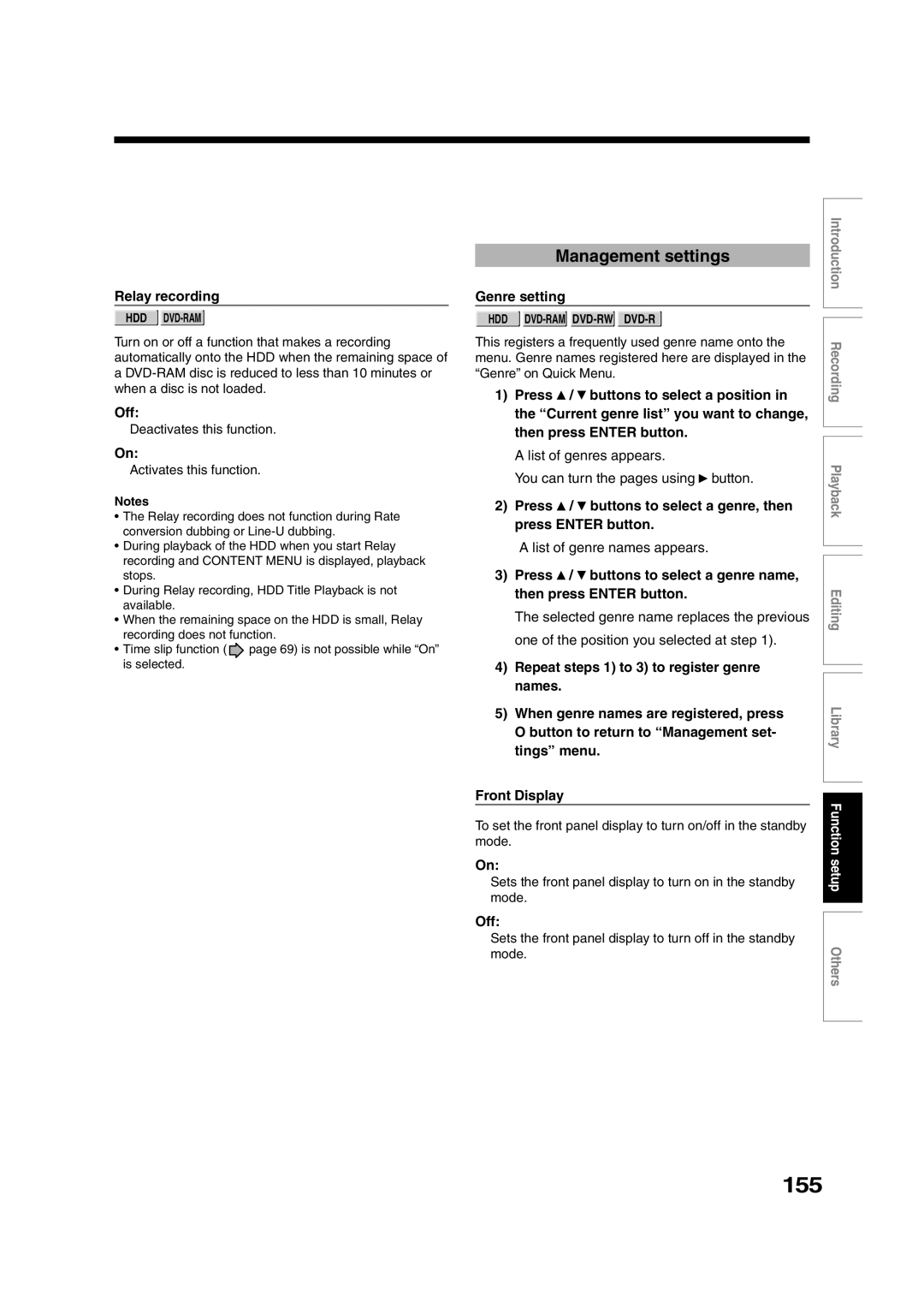 Toshiba RD-XS35SU owner manual 155, Management settings, Relay recording, Genre setting 