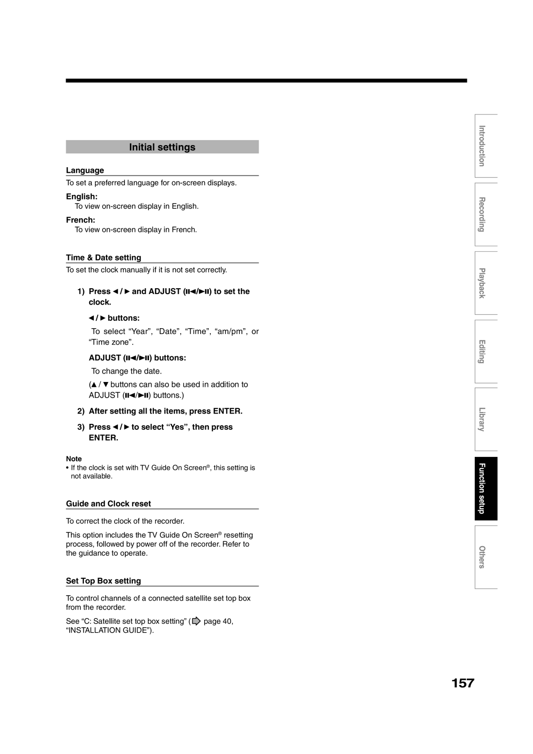 Toshiba RD-XS35SU owner manual 157, Initial settings 