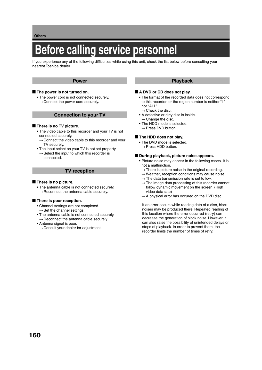 Toshiba RD-XS35SU owner manual Before calling service personnel, 160, Power Playback, Connection to your TV, TV reception 