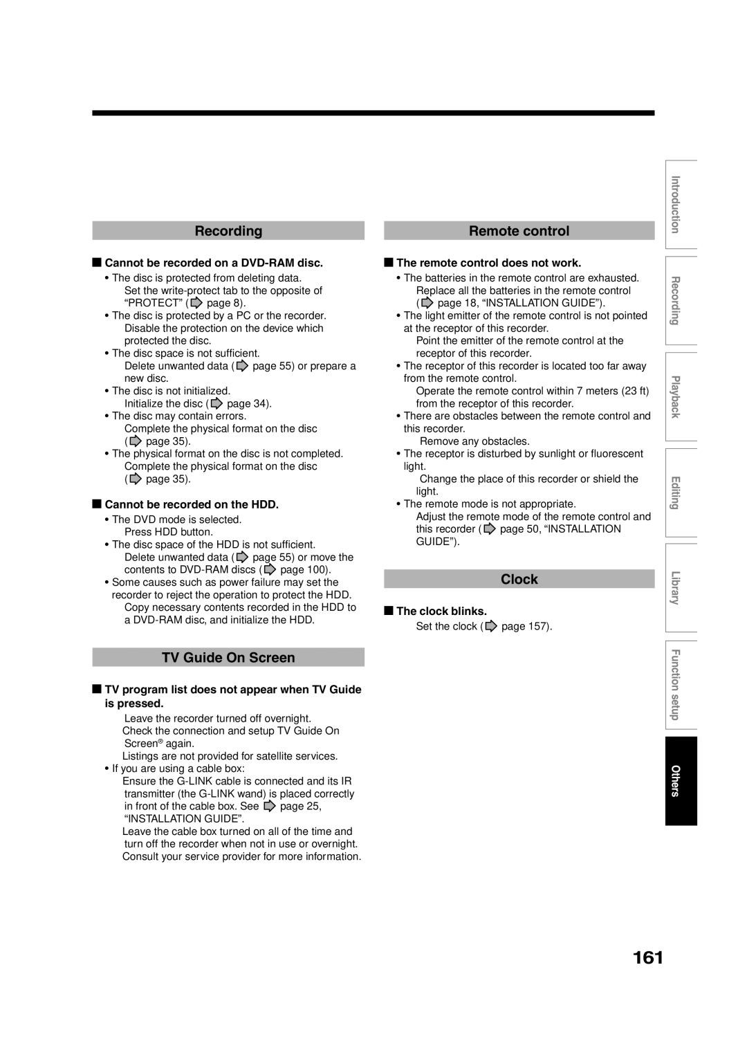 Toshiba RD-XS35SU owner manual 161, Recording, TV Guide On Screen, Remote control, Clock 