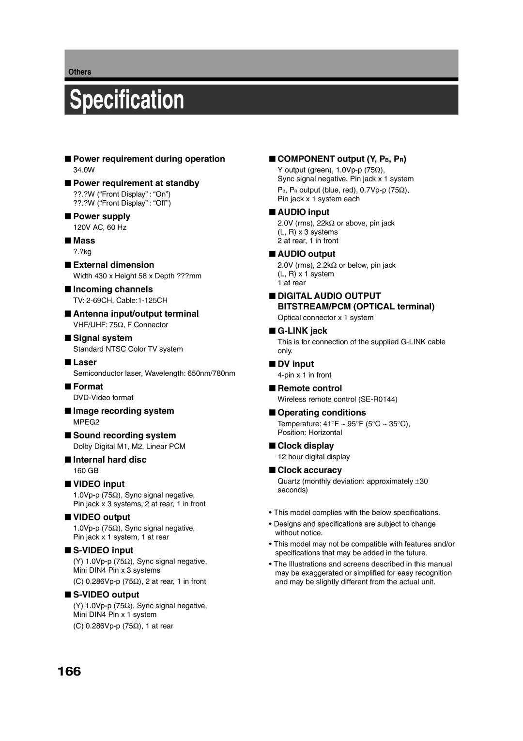 Toshiba RD-XS35SU owner manual Specification, 166 