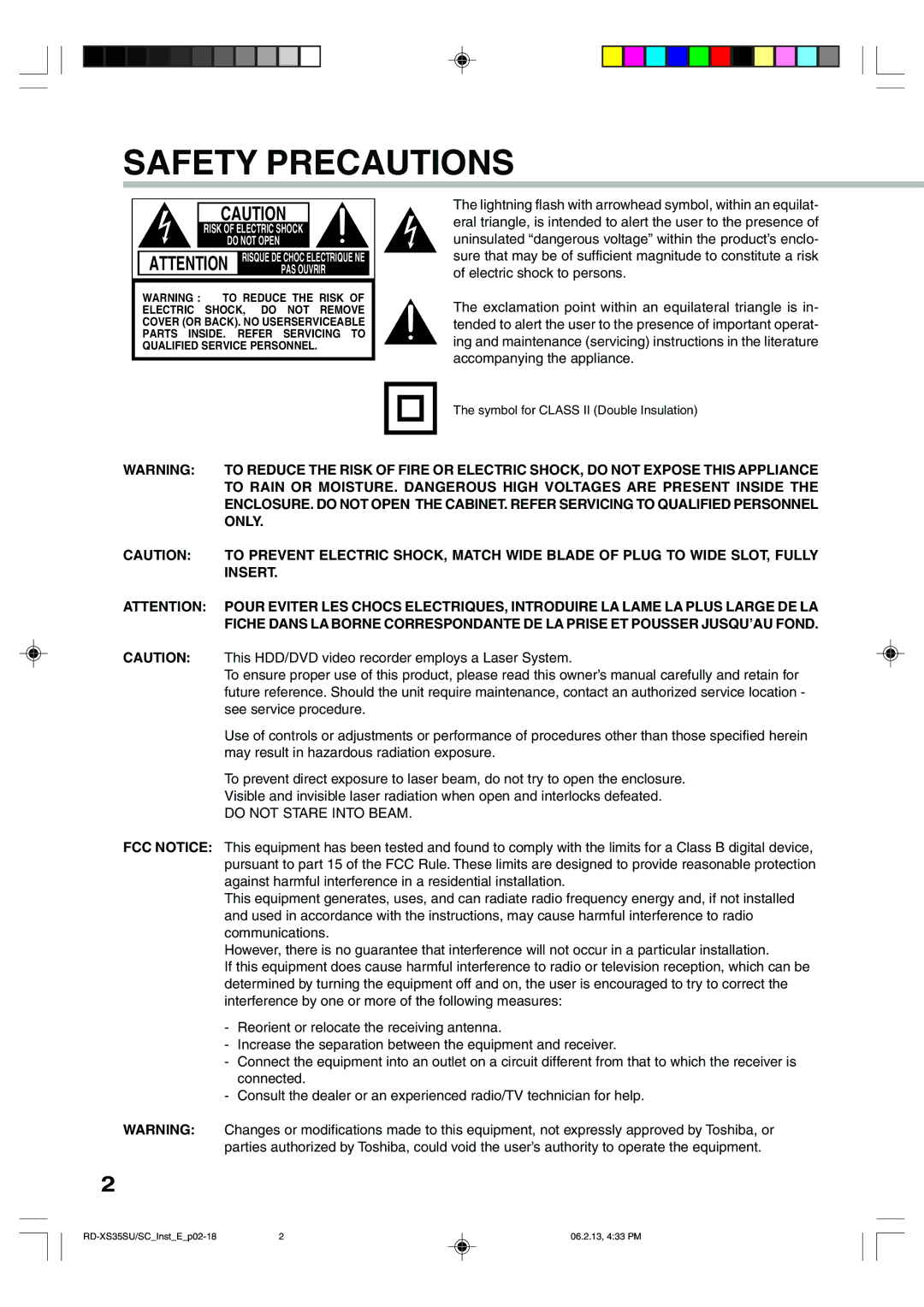 Toshiba RD-XS35SU owner manual This HDD/DVD video recorder employs a Laser System, See service procedure 