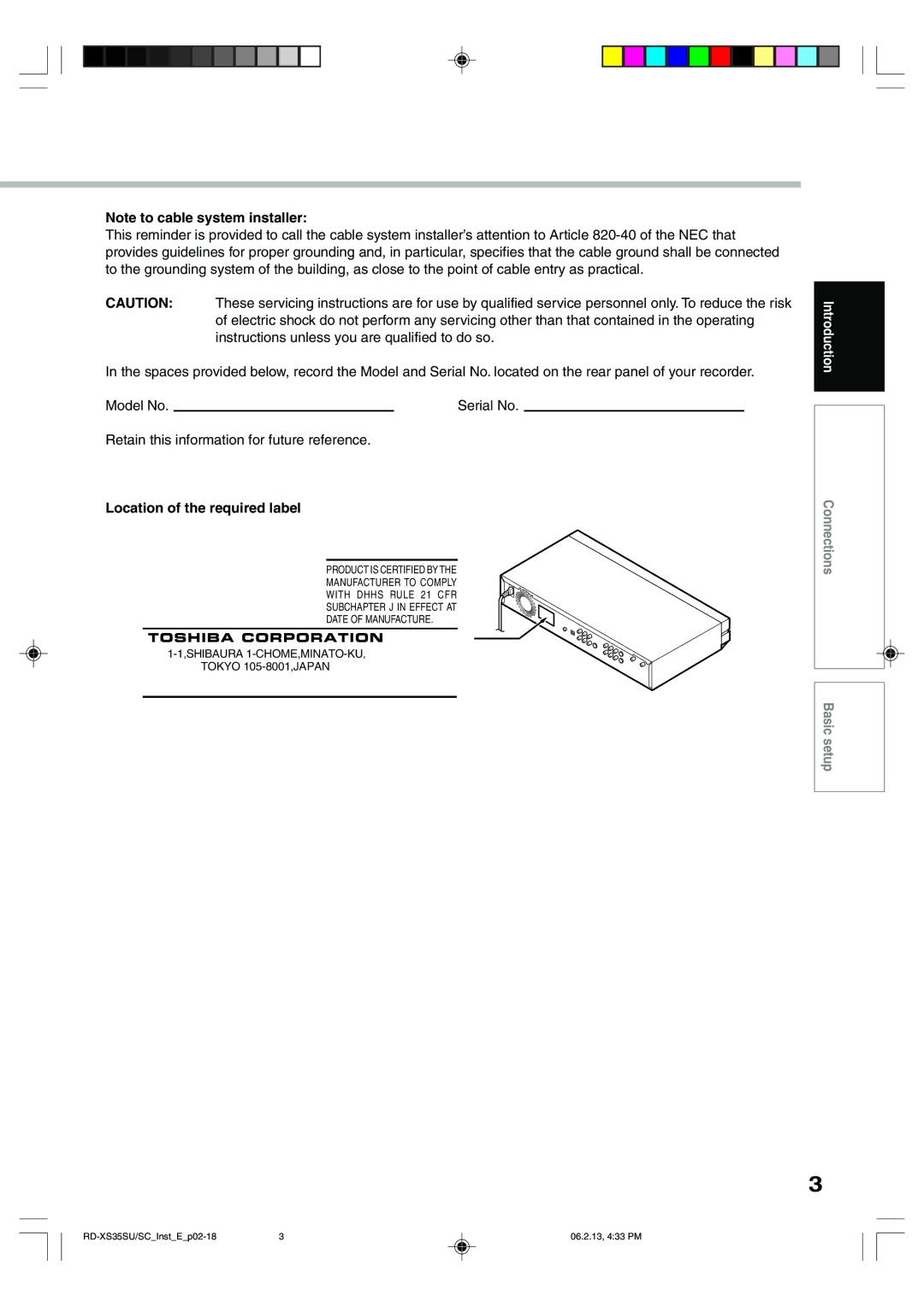 Toshiba RD-XS35SU owner manual Location of the required label, Serial No 