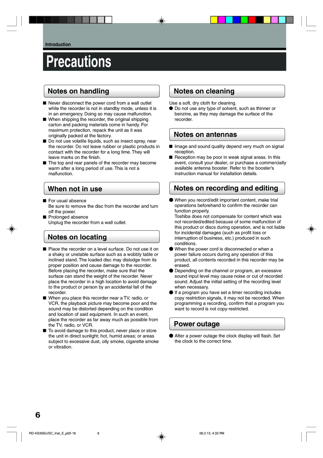 Toshiba RD-XS35SU owner manual Precautions, When not in use 