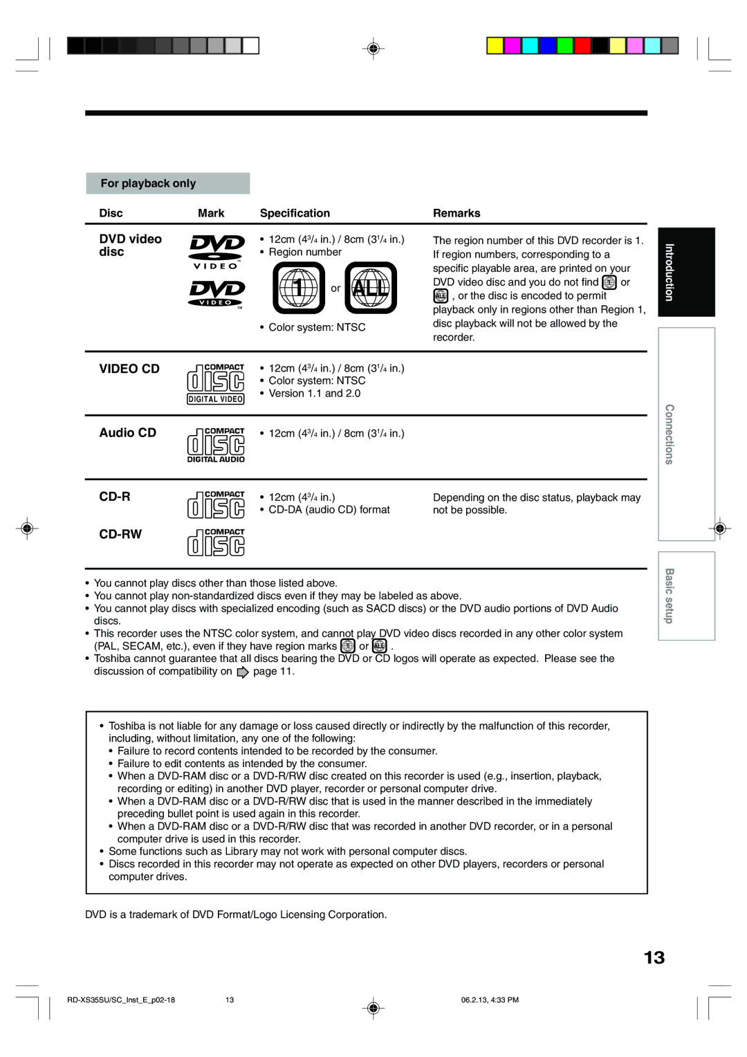 Toshiba RD-XS35SU For playback only Disc Mark Specification Remarks, 12cm 43/4 In. / 8cm 31/4 Color system Ntsc 