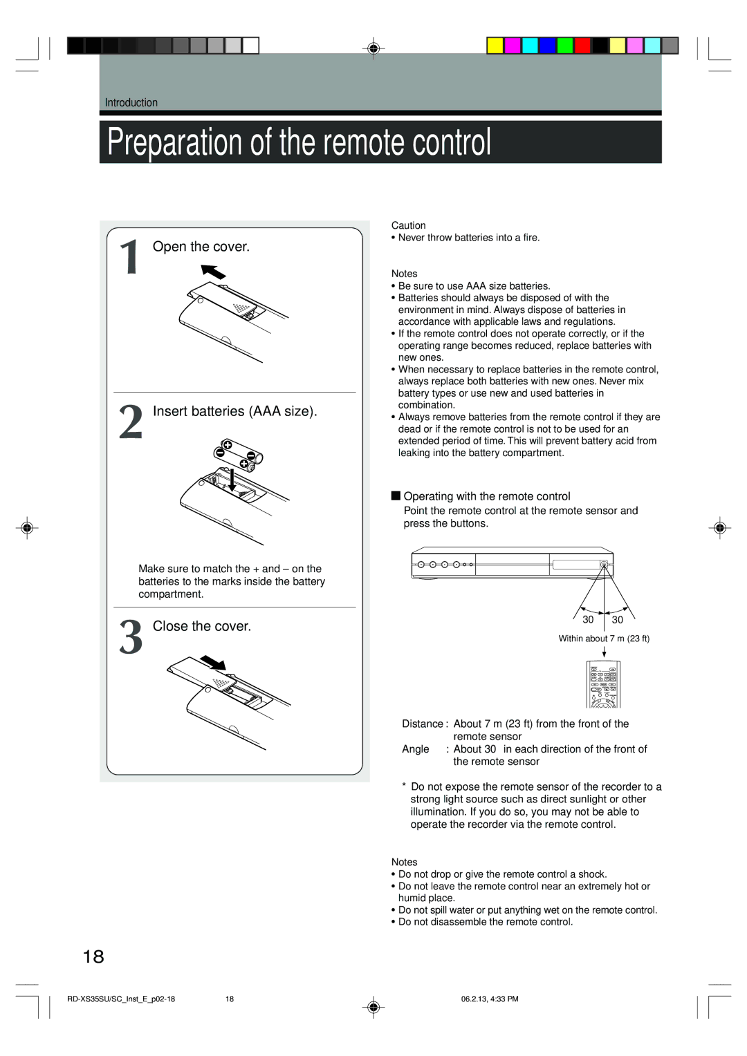 Toshiba RD-XS35SU owner manual Preparation of the remote control, Open the cover Insert batteries AAA size, Close the cover 