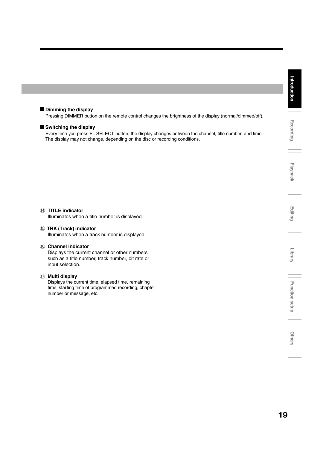 Toshiba RD-XS35SU Dimming the display, Switching the display, 4TITLE indicator, 5TRK Track indicator, 6Channel indicator 