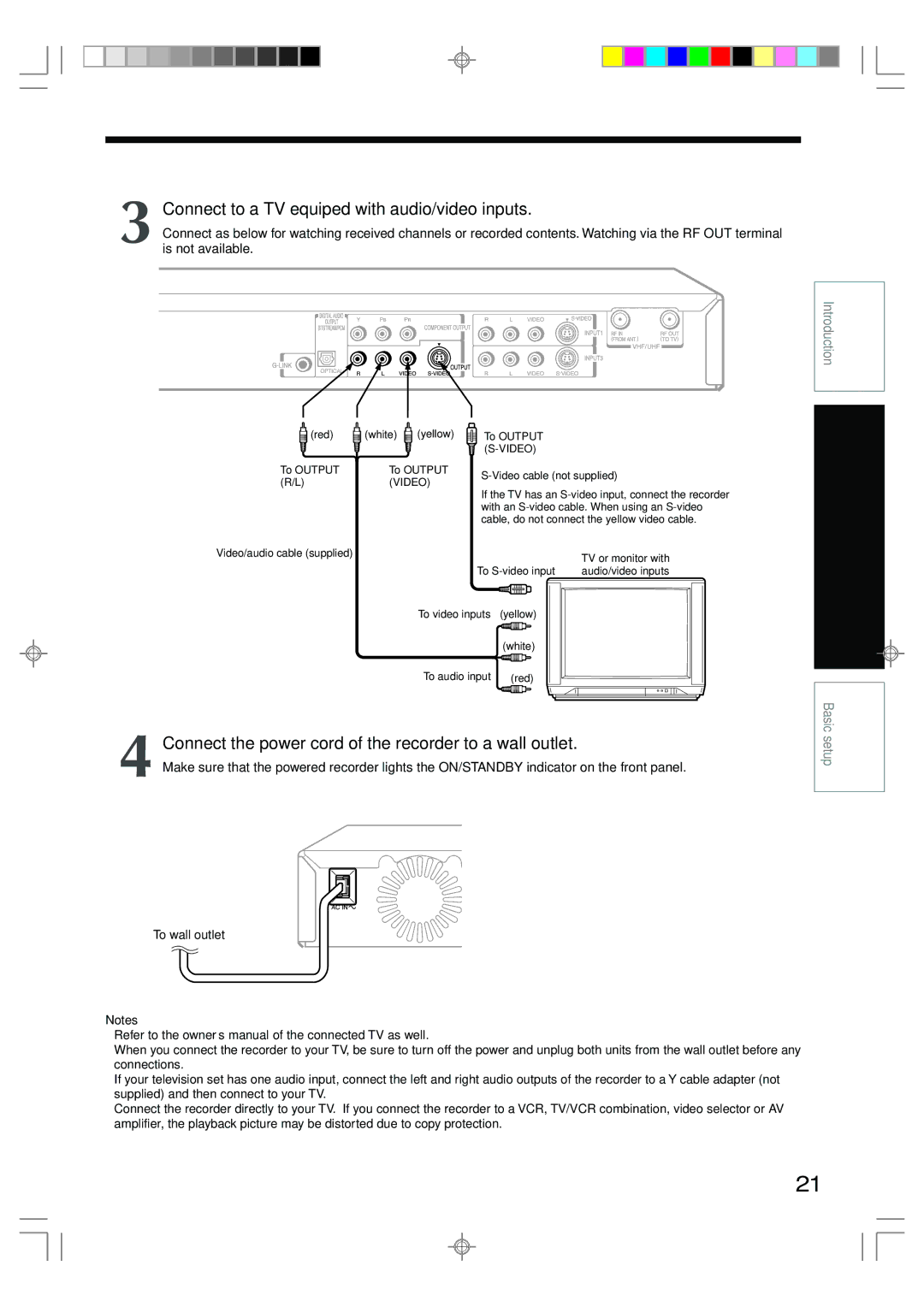 Toshiba RD-XS35SU Connect to a TV equiped with audio/video inputs, Connect the power cord of the recorder to a wall outlet 