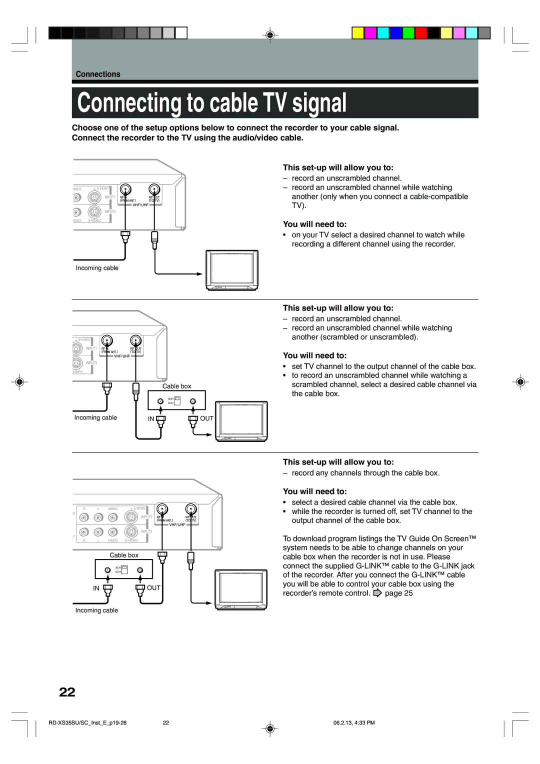 Toshiba RD-XS35SU owner manual Connecting to cable TV signal, You will need to, Record any channels through the cable box 