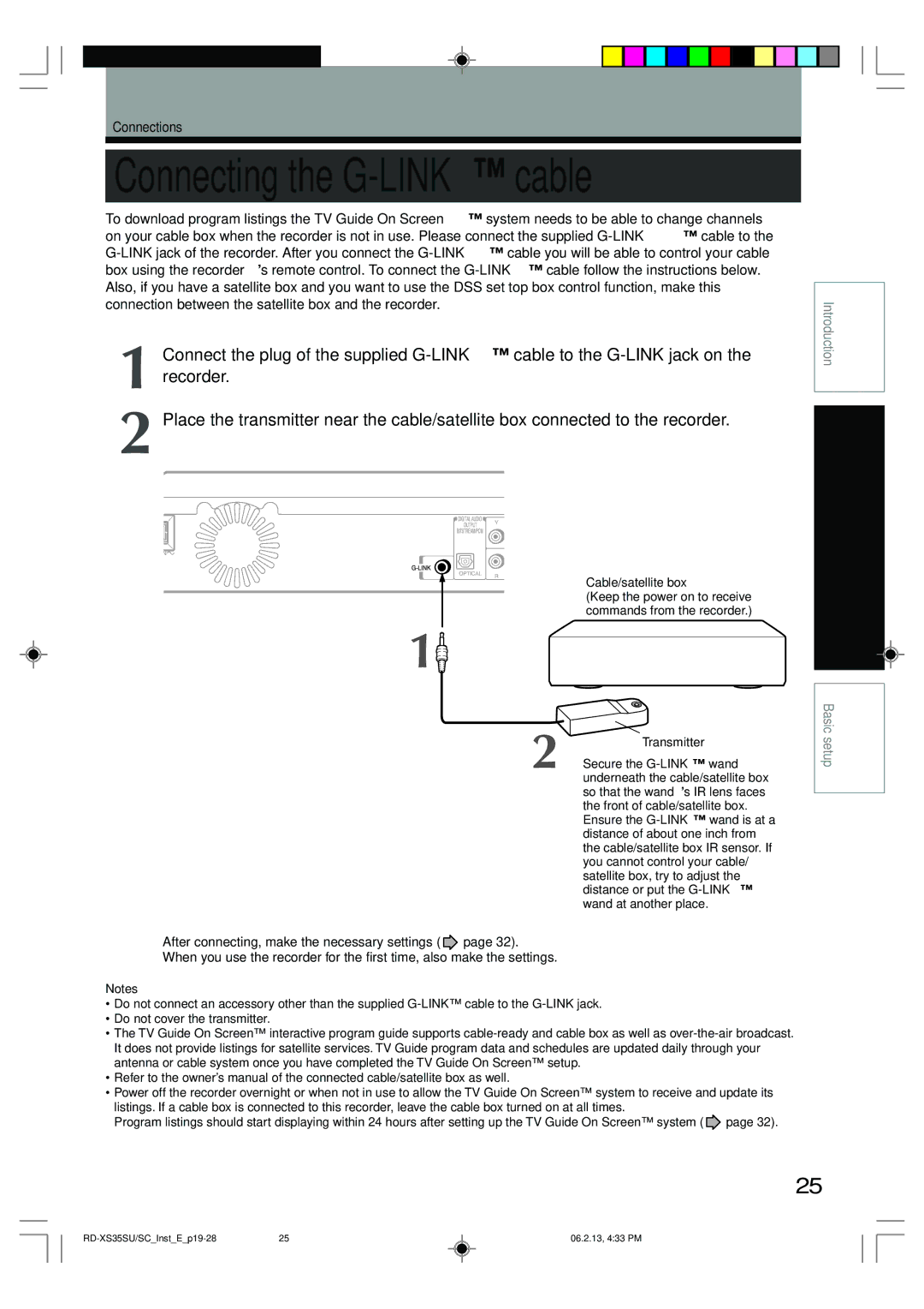 Toshiba RD-XS35SU owner manual Connecting the G-LINK cable 