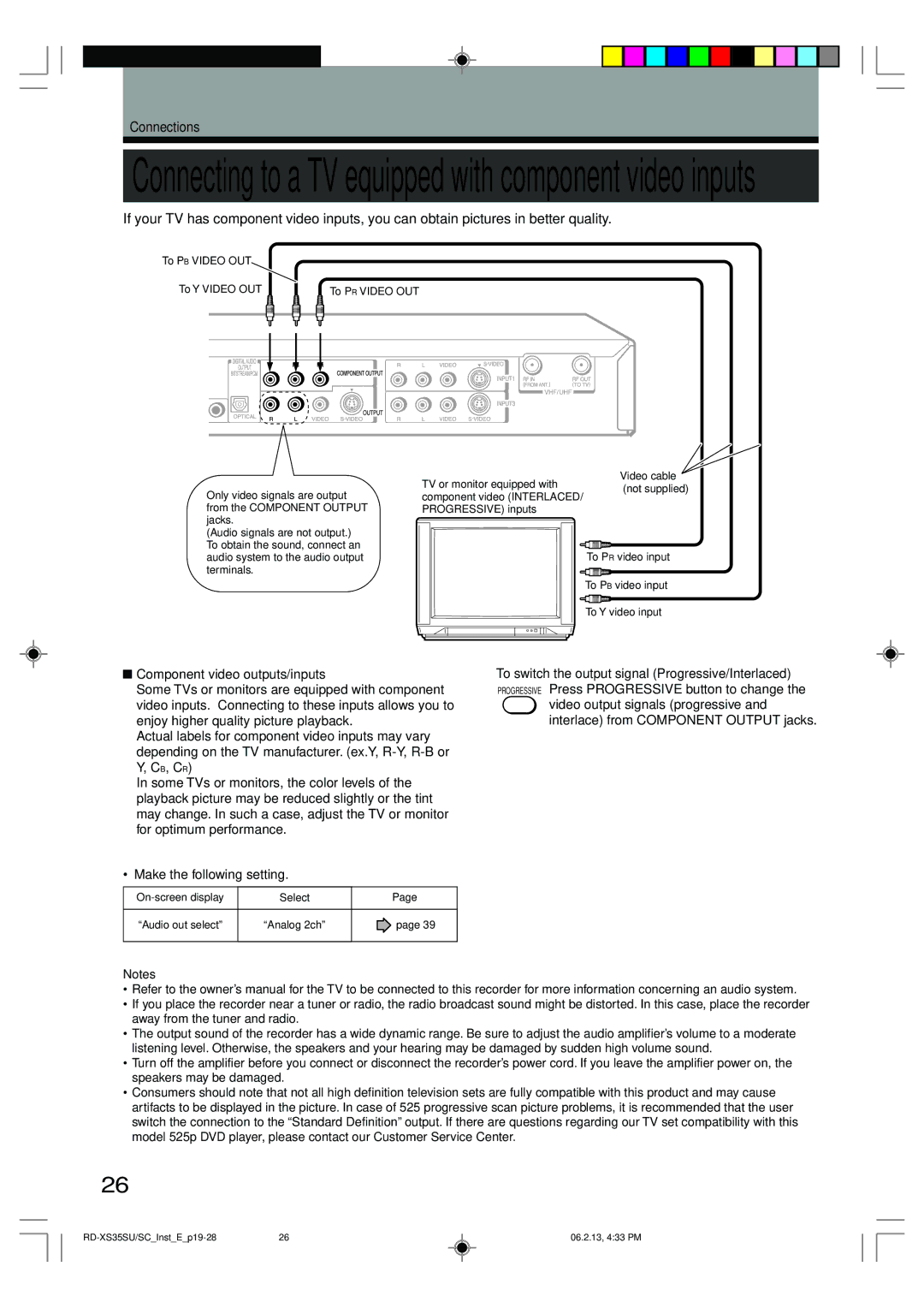 Toshiba RD-XS35SU owner manual Connecting to a TV equipped with component video inputs, Component video outputs/inputs 