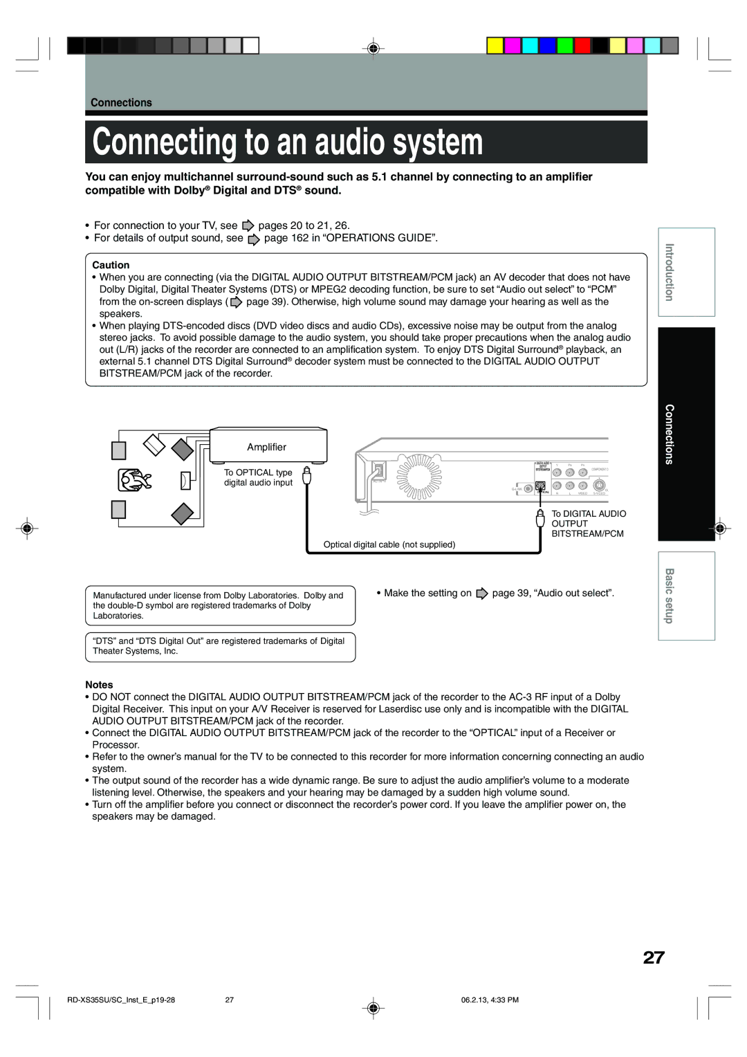 Toshiba RD-XS35SU owner manual Connecting to an audio system, Make the setting on 39, Audio out select 