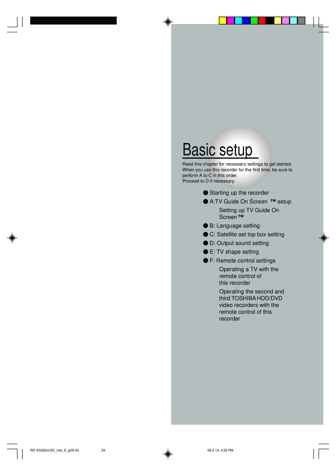 Toshiba RD-XS35SU owner manual Basic setup 