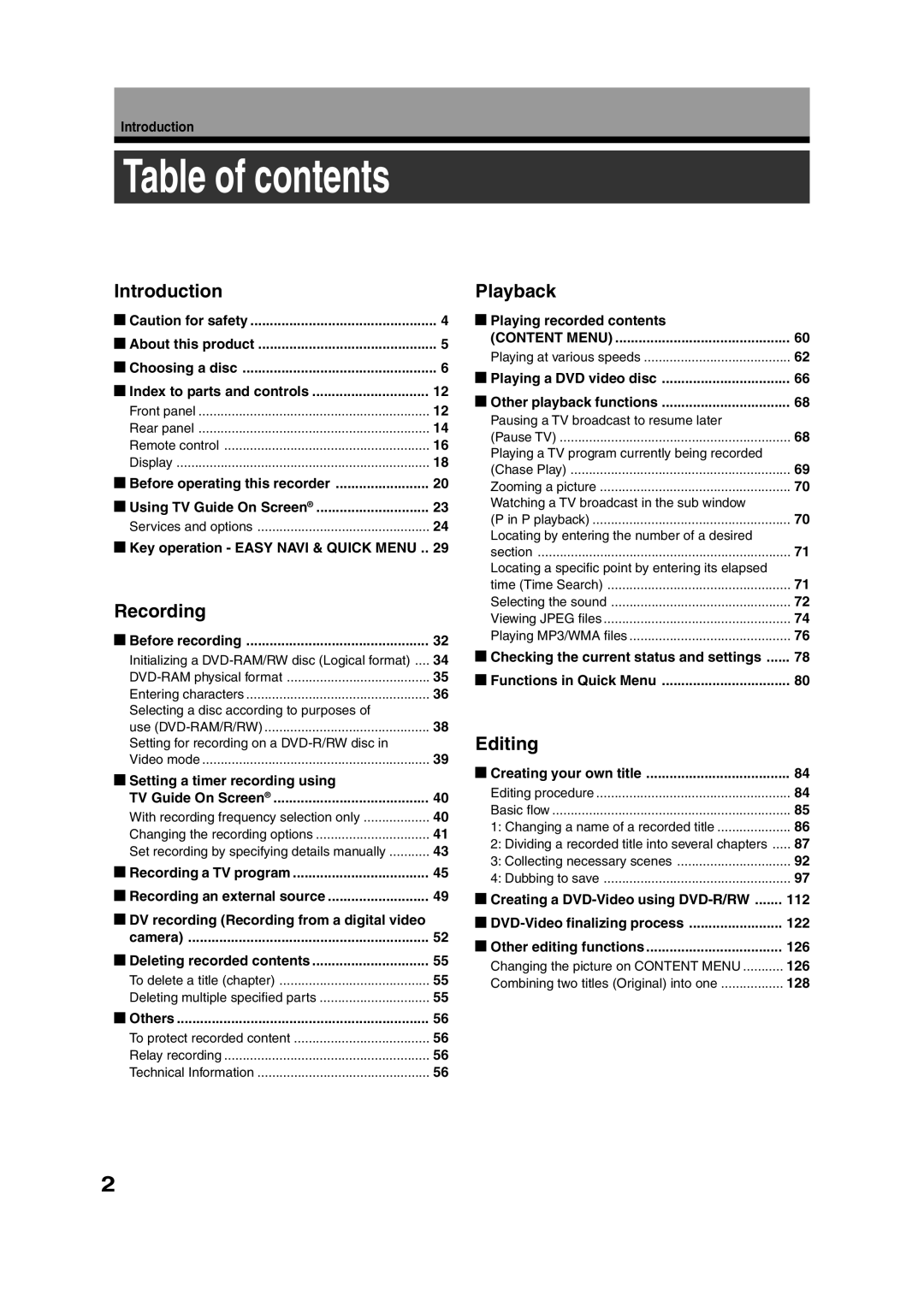 Toshiba RD-XS35SU owner manual Table of contents 