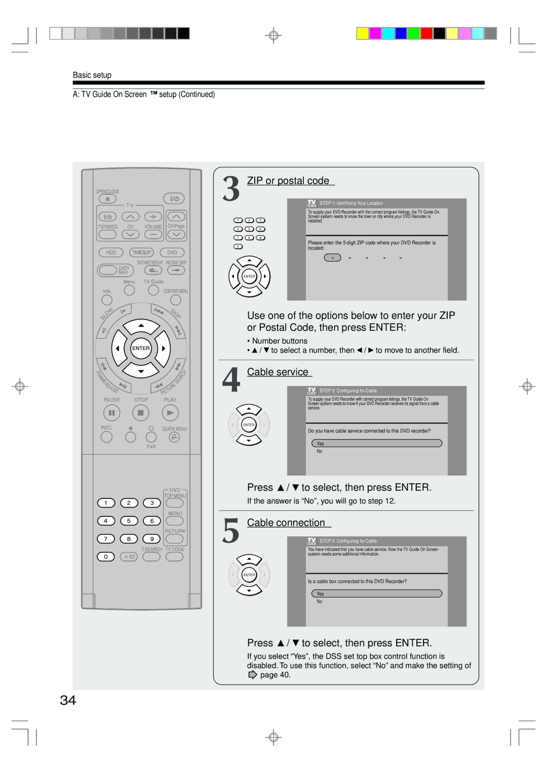 Toshiba RD-XS35SU owner manual ZIP or postal code, Or Postal Code, then press Enter, Cable service, Cable connection 