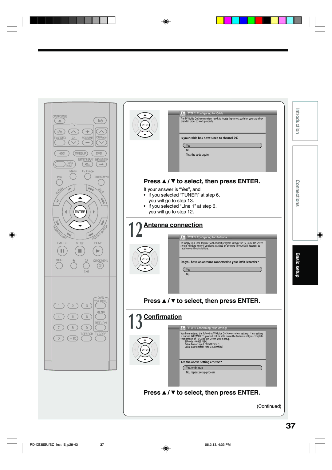 Toshiba RD-XS35SU owner manual Antenna connection, Press To select, then press Enter Confirmation 