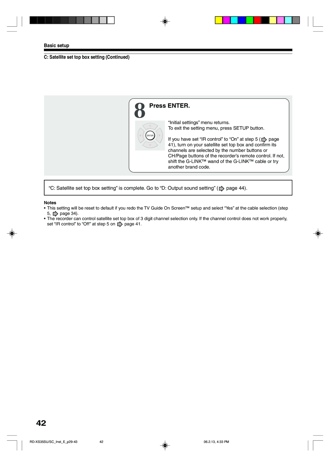 Toshiba RD-XS35SU owner manual Press Enter, Basic setup Satellite set top box setting 