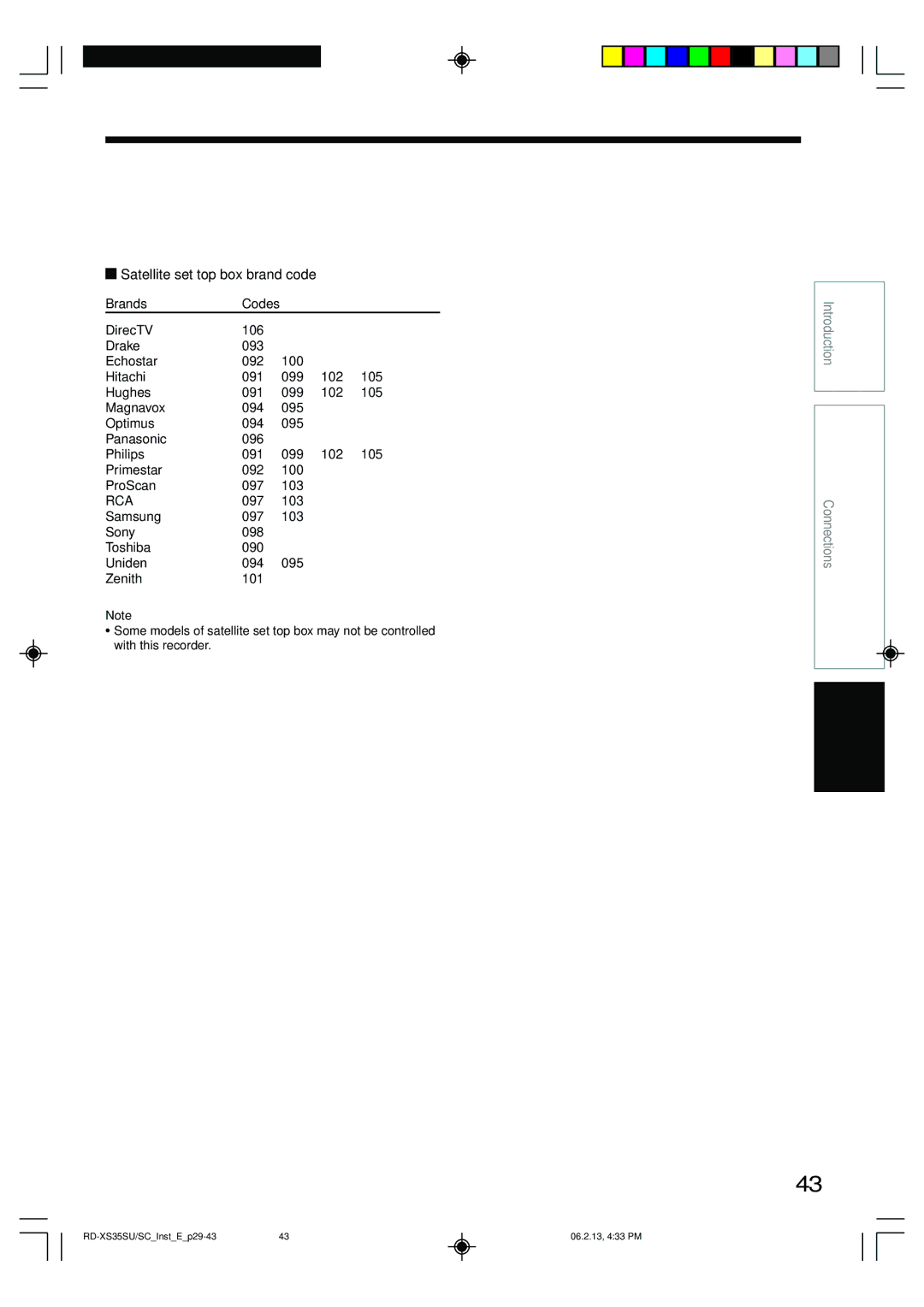 Toshiba RD-XS35SU owner manual Satellite set top box brand code, Rca 