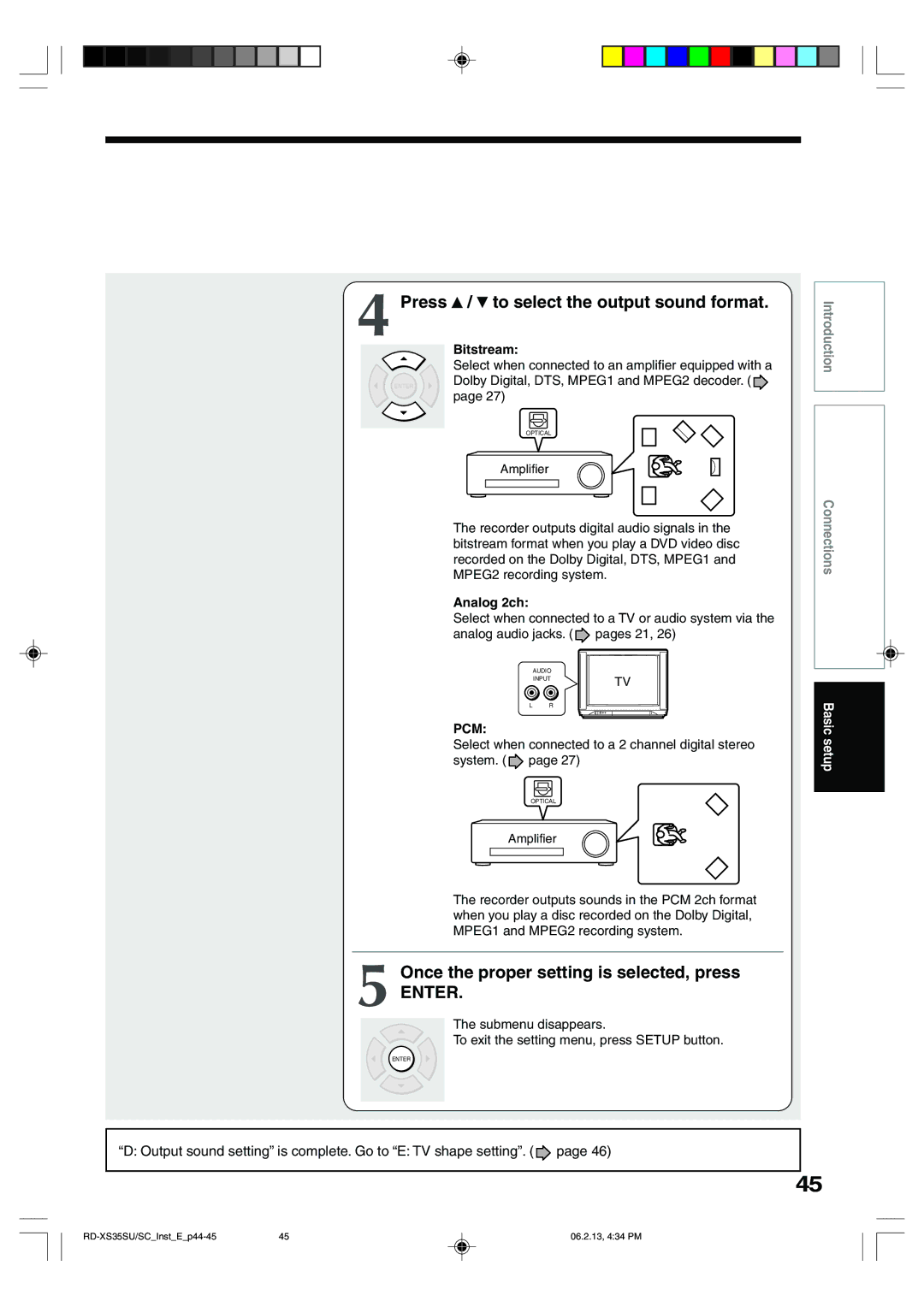 Toshiba RD-XS35SU Press / to select the output sound format, Once the proper setting is selected, press, Bitstream 