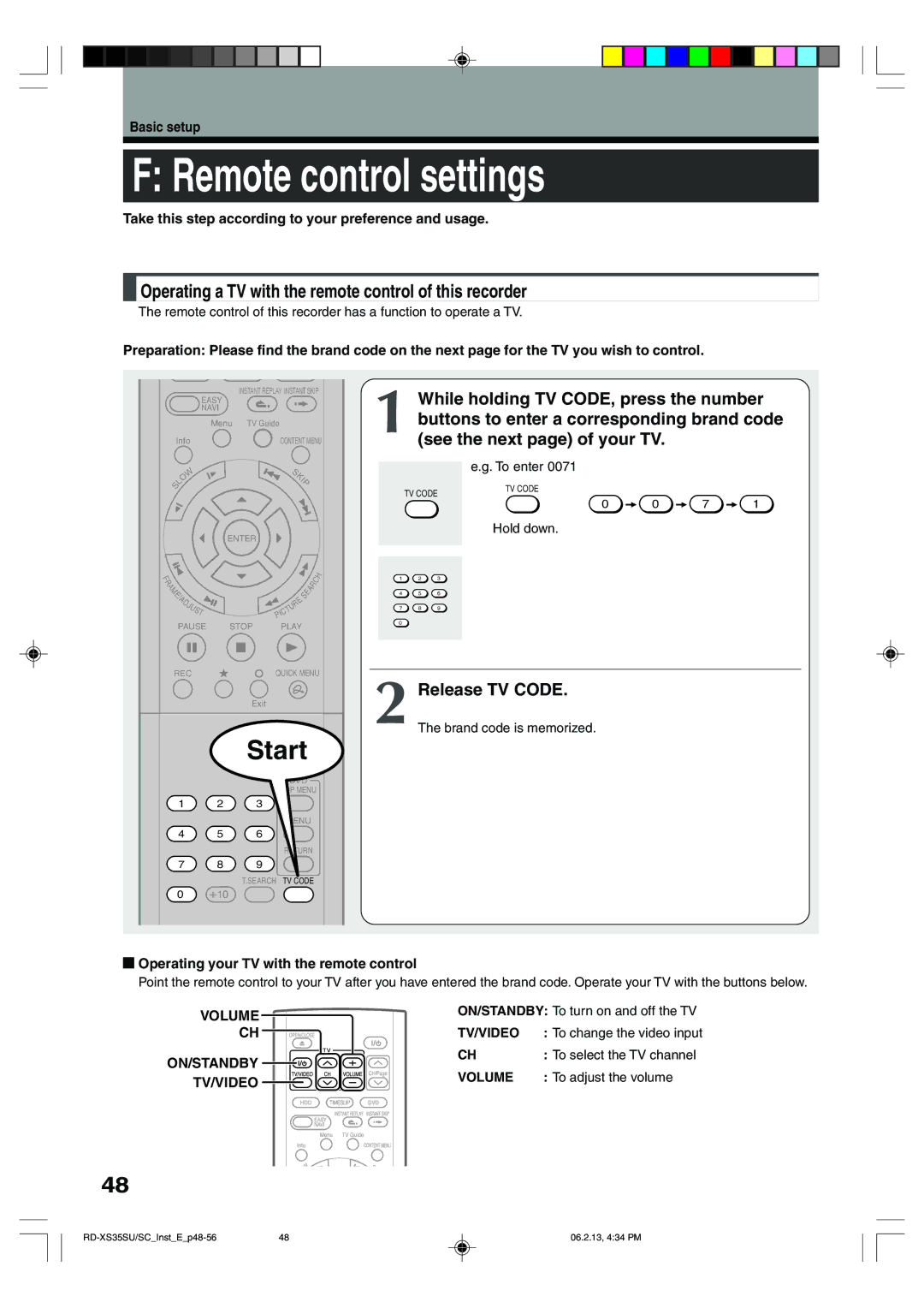 Toshiba RD-XS35SU Remote control settings, Operating a TV with the remote control of this recorder, Release TV Code 