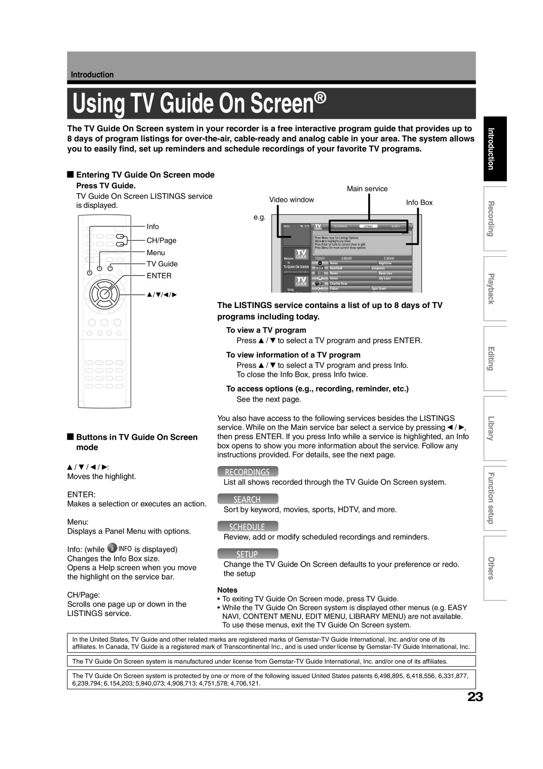 Toshiba RD-XS35SU Using TV Guide On Screen, Entering TV Guide On Screen mode, Buttons in TV Guide On Screen mode 