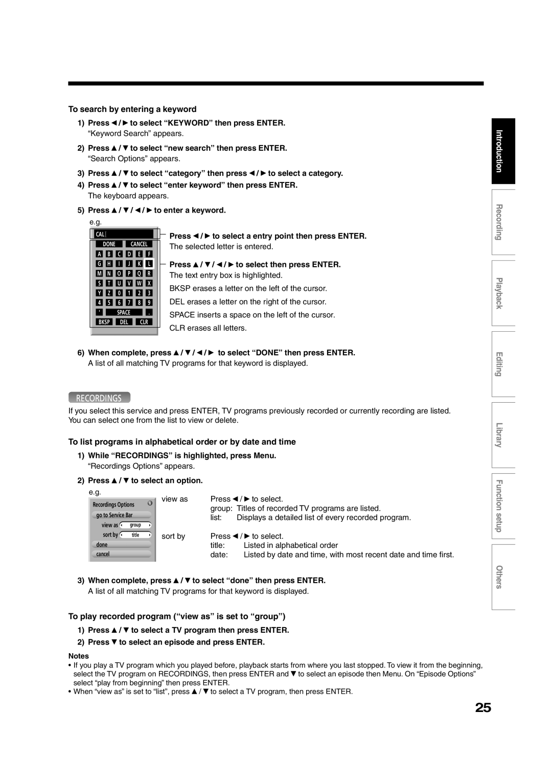 Toshiba RD-XS35SU owner manual To search by entering a keyword, To list programs in alphabetical order or by date and time 