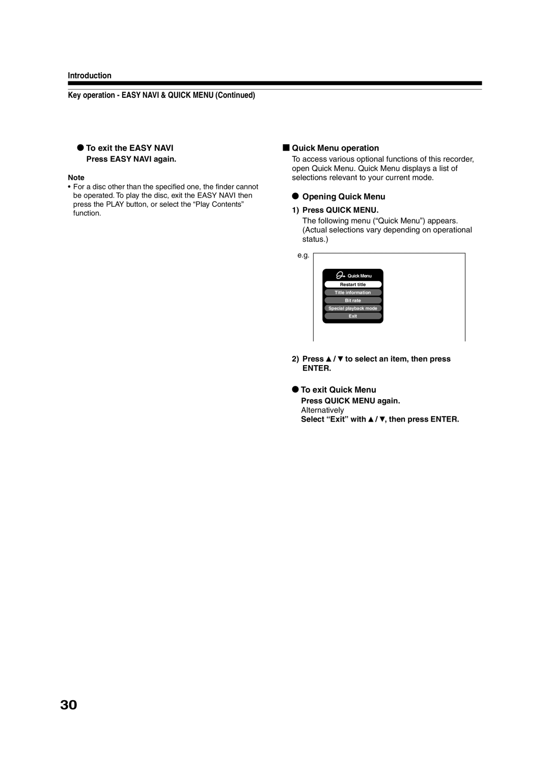 Toshiba RD-XS35SU owner manual Opening Quick Menu, To exit Quick Menu 