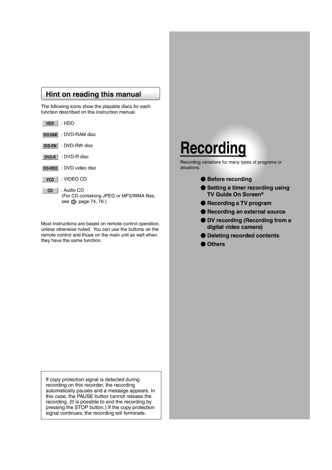 Toshiba RD-XS35SU owner manual Recording 