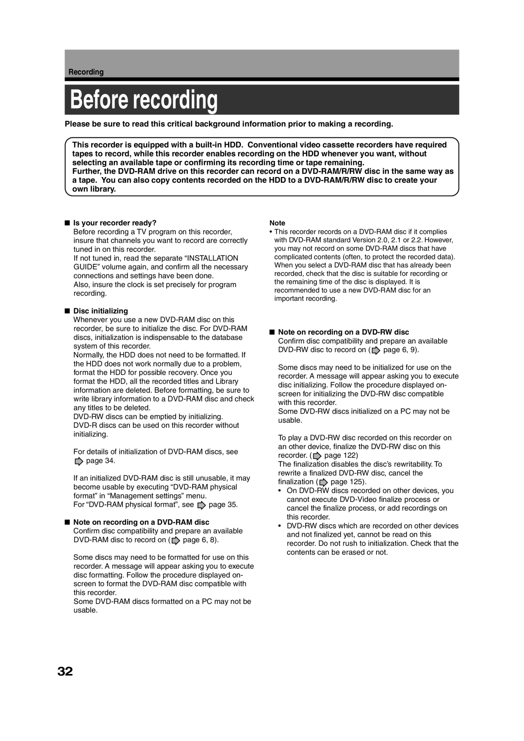 Toshiba RD-XS35SU owner manual Before recording, Recording, Is your recorder ready?, Disc initializing 