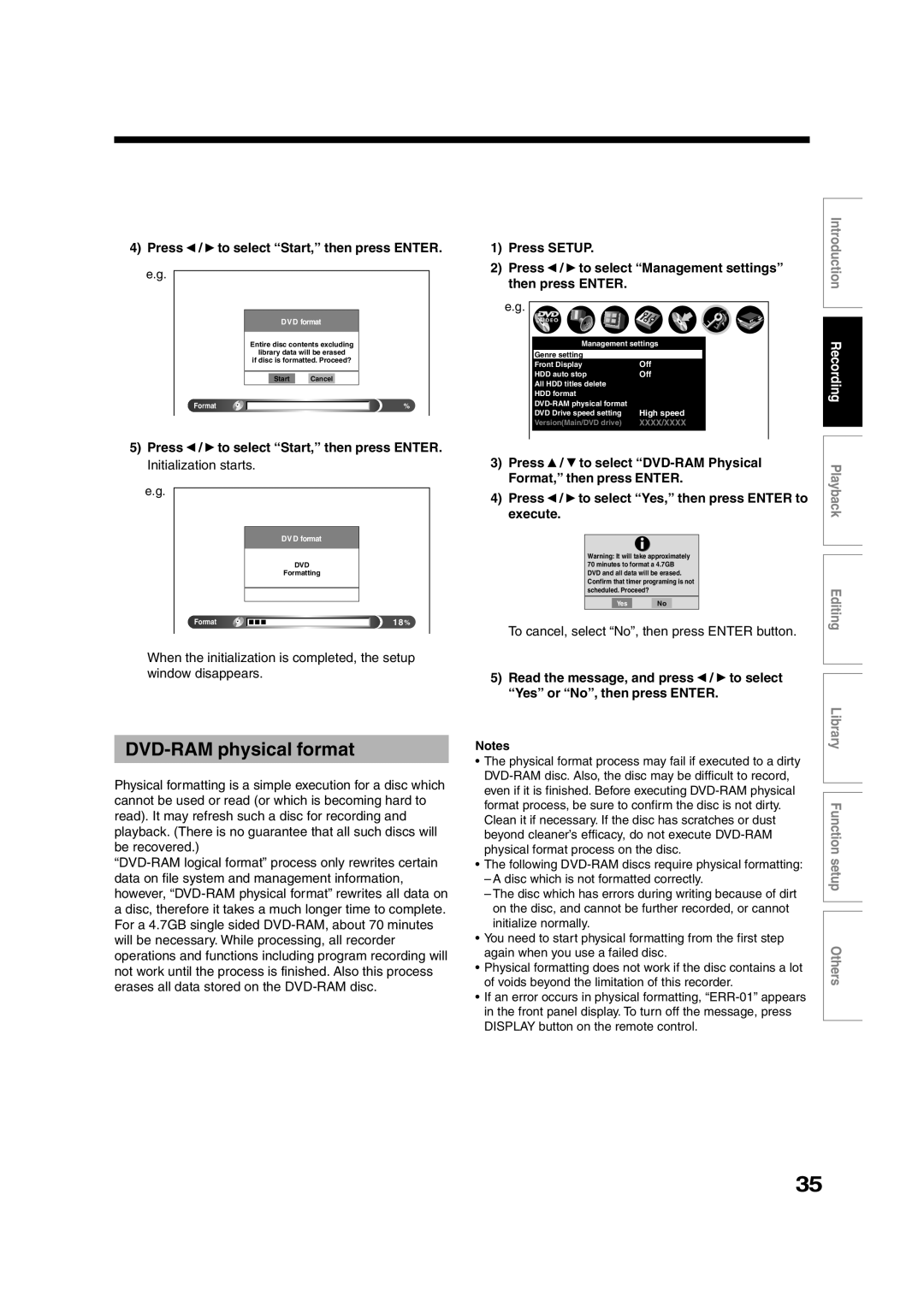 Toshiba RD-XS35SU DVD-RAM physical format, Press Setup To select Management settings Then press Enter, Execute 