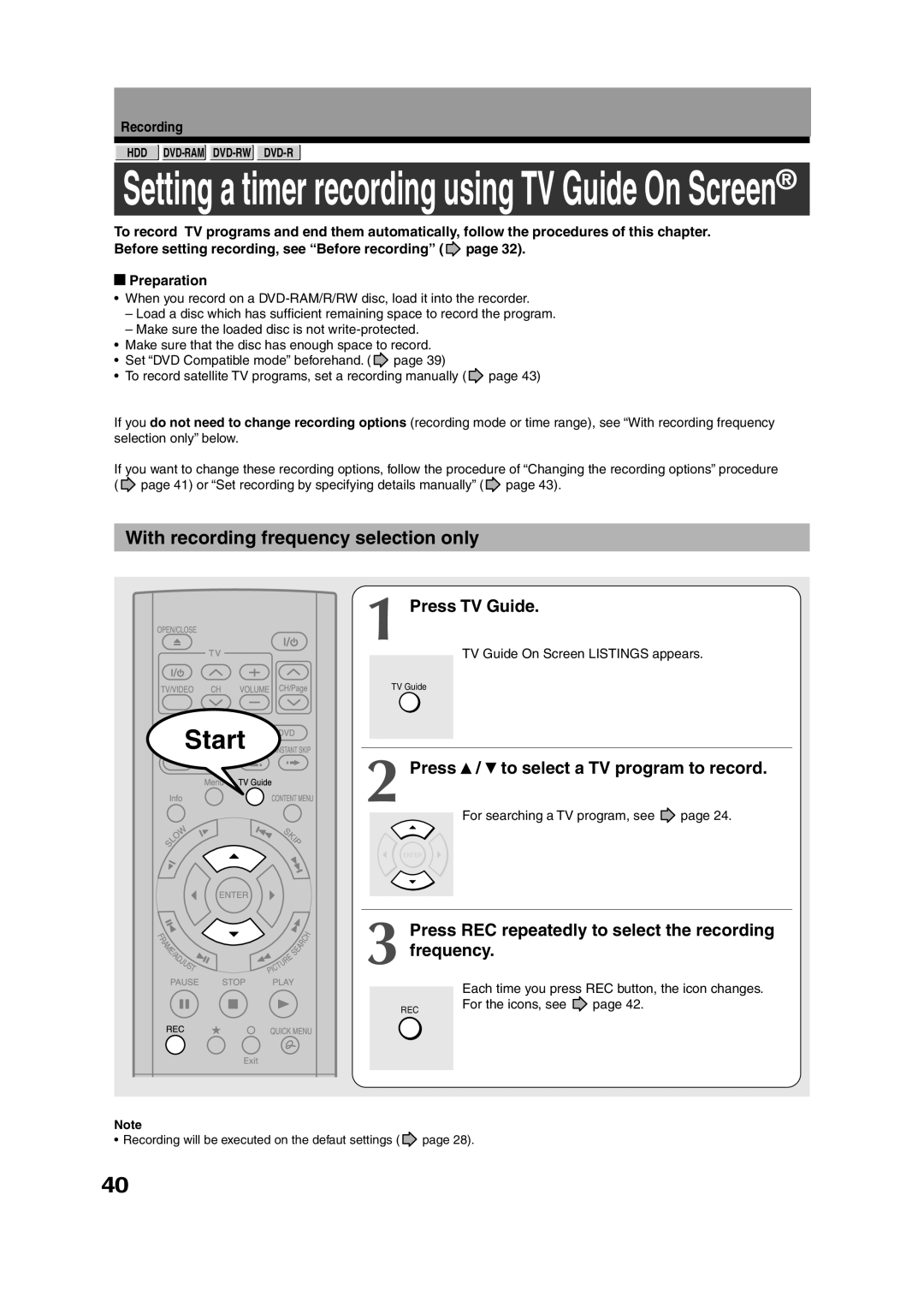 Toshiba RD-XS35SU With recording frequency selection only, Press TV Guide, To select a TV program to record, Frequency 