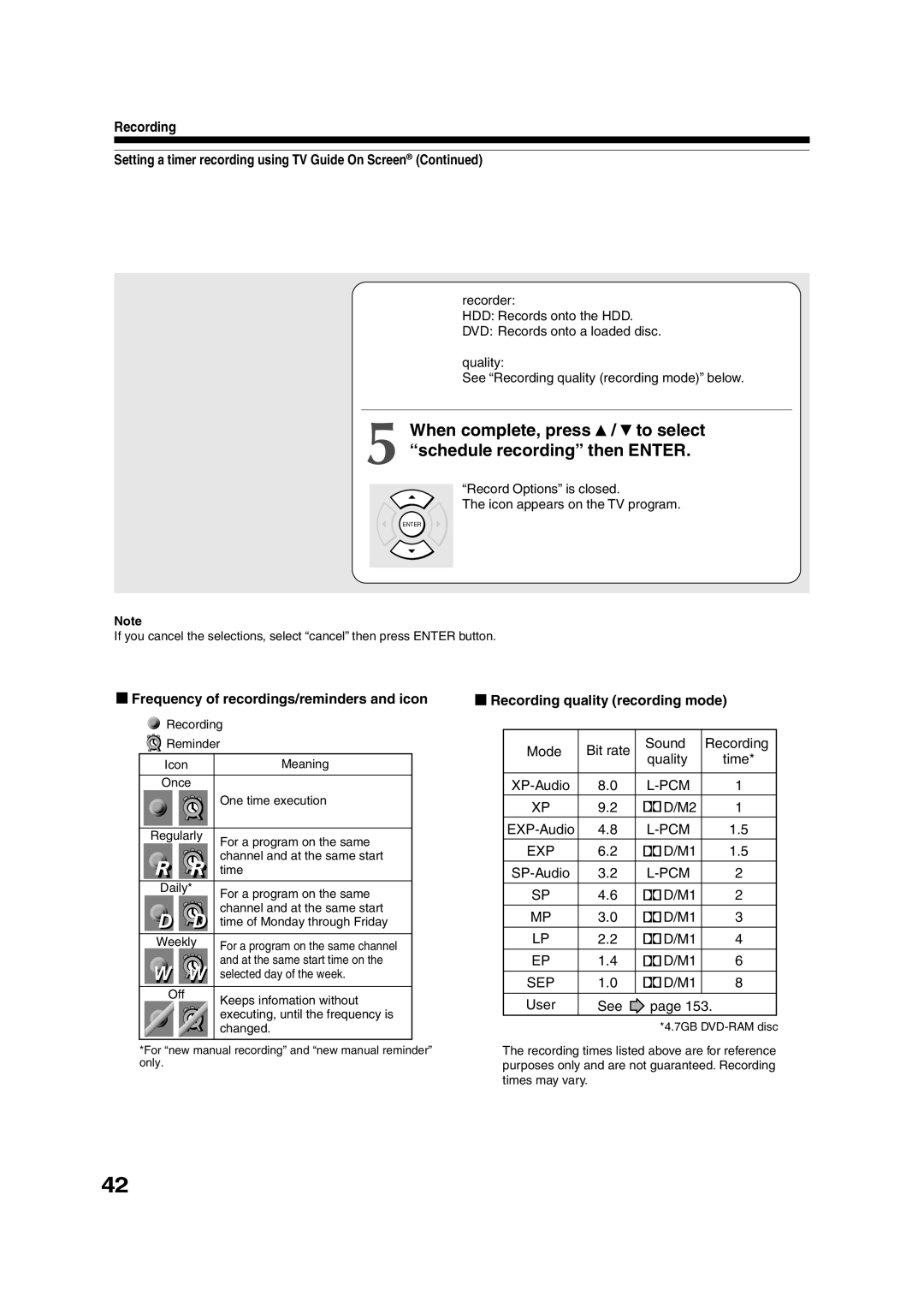 Toshiba RD-XS35SU owner manual Frequency of recordings/reminders and icon, Recording quality recording mode 